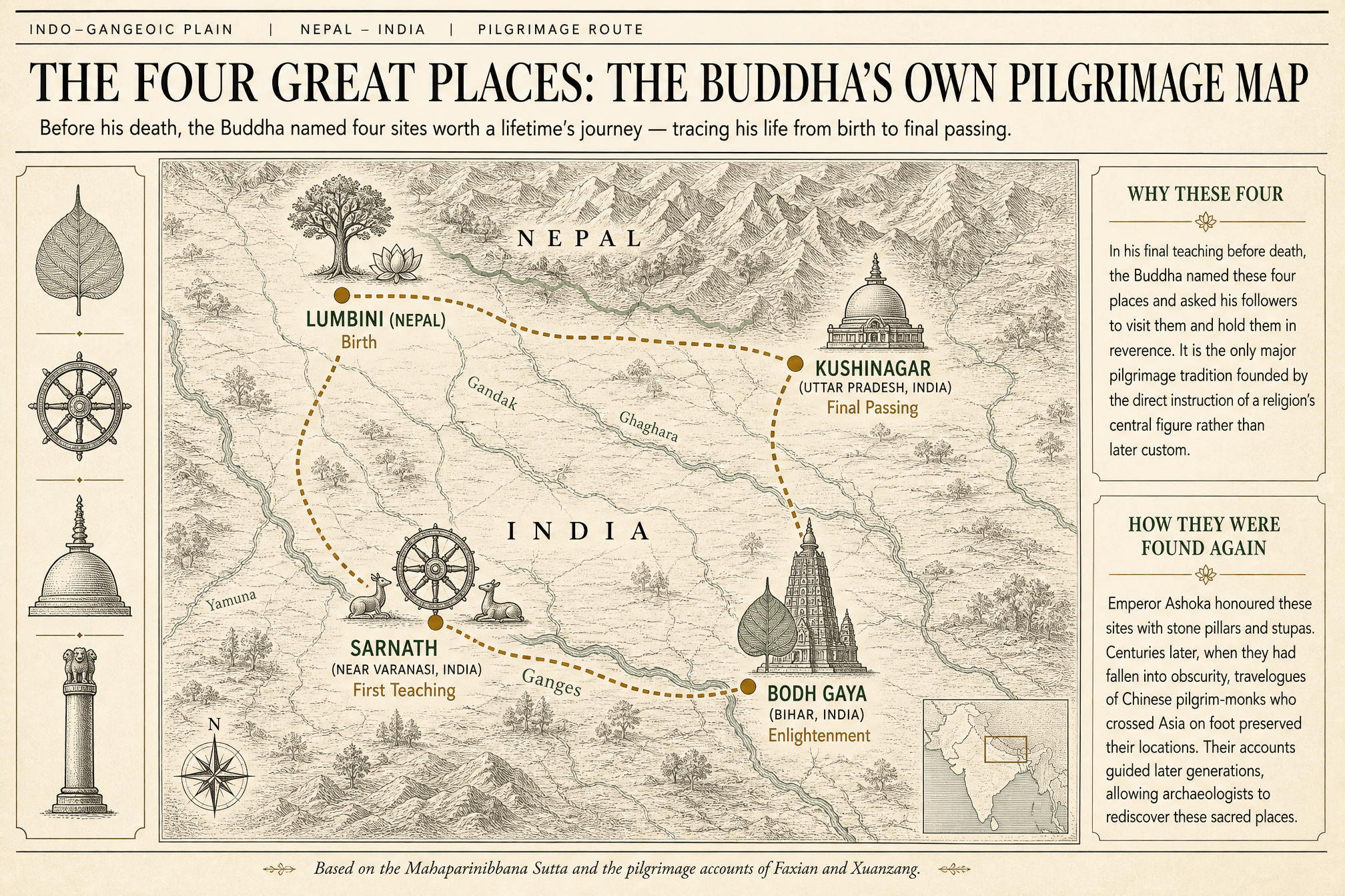 The Four Great Places (Char Mahapadhana) — pilgrimage illustration