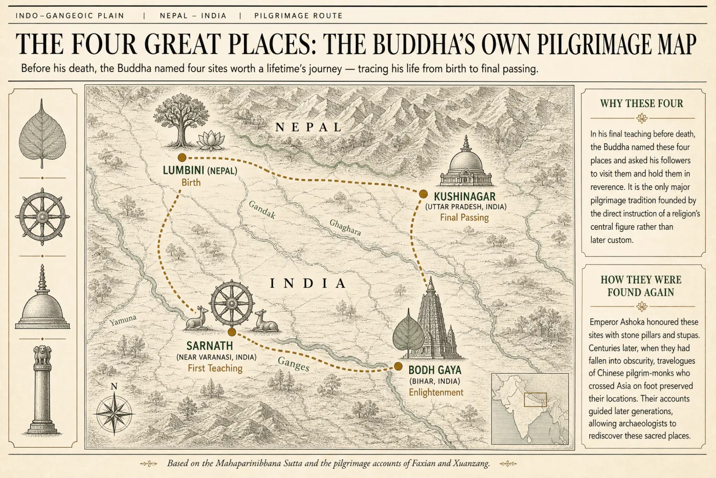 The Four Great Places (Char Mahapadhana) — pilgrimage illustration
